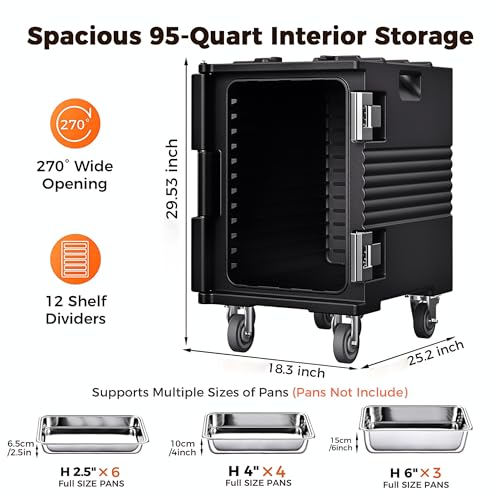 CAMMOO 95QT Non-Electrical Catering Food Warmers with Swivel Casters, 304 Stainless Steel Latch, Insulated Food Carrier for 6 Full-Size Pans(NOT INCLUDED), Food Warmer Hot Boxes for Catering BBQ Event