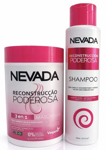 Nevada Powerful Reconstruction Shampoo &amp; 3-in-1 Hair Mask Set – Deep Repair for Dry &amp; Damaged Hair, With Argan Oil &amp; Soy Protein, Sulfate &amp; Paraben Free, Vegan Formula
