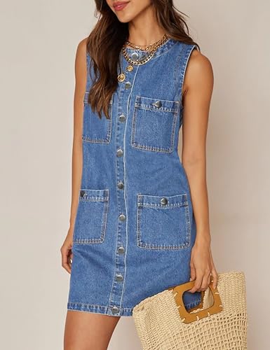 Denim Dress for Women, Sleeveless Jean Dress Button Down Dresses Casual Summer Denim Mini Dresses with Pockets3