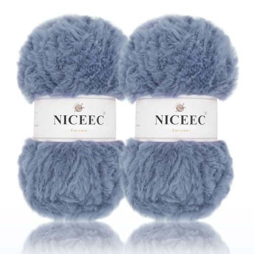 Image of NICEEC 2 Skeins Faux Fur Yarn Super Soft, Chunky & Fluffy, Eyelash Yarn for Crochet & Knitting (Total Length 70yds,3.53oz) - Grayish Blue