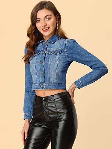 Allegra K Women's Jean Jackets Puff Sleeve Button Up Cropped Denim Jacket4