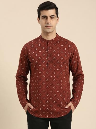 Image of Zombom Men's Cotton Polyester Blend Solid Regular Fit Full Sleeve Printed Short Kurta | Ethnic, Lightweight Summer Kurta for Daily & Occasion Use | Men's Trendy Short Kurta