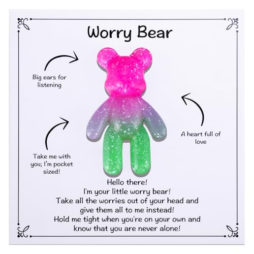 Image of Aesnefe Pocket Worry Bear Hug, Anxiety Relief Keepsake, Mental Health Encouragement Gift, Emotional Support Token, Stress Comfort Gift for Teens & Adults, Pink Green