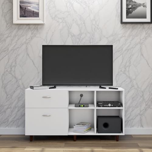 Image of VIKI Modern TV Unit for Living Room | Engineered Wood TV Cabinet with 2 Drawer Storage & 2 Open Shelves, Set Top Box Stand, Entertainment Unit, 140W x 74H x 40D cm | DIY | 1 Year Warranty (White)
