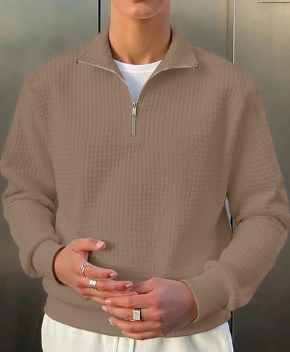 Image of KAJARU Men's Textured Half-Zip Short Sleeve Sweatshirt - Casual Summer Pullover Top