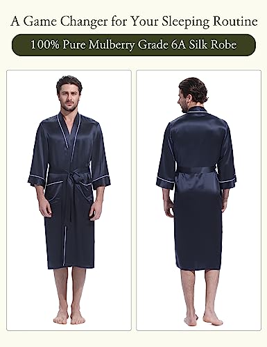 LilySilk 100% Silk Robe for Men Contrast White Trim Long Sleeve Shawl Collar Long Silk Kimono Bathrobe Male Sleepwear2