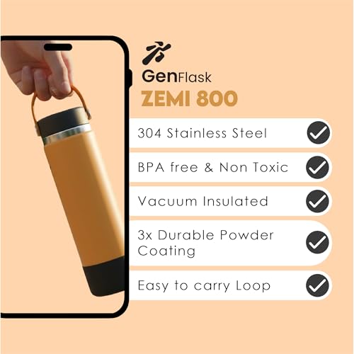 Image of VBOTT GENFLASK ZEMI -800 ml|Thermosteel Flask with Carrying Loop| SS 304 Water Bottle|Hot /Cold-18 /24 hrs|Insulated Bottles|Black /Mango Colour|Multipurpose