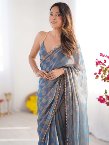 Image of AKHILAM Women's Chiffon Checkered Printed Saree With Unstitched Blouse Piece (AARYAN14602 KR Parent)