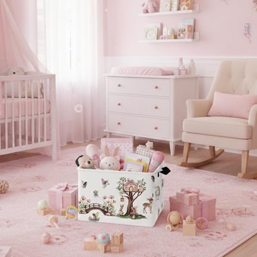 Image of Kid Cute Rectangle Storage Basket Baby Toy Clothes Storage Bin Nursery Playroom Bedroom Decor Basket (Pink Tree House Flower Fairy)
