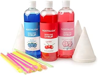 Nostalgia Premium Snow Cone Party Kit, 3 Syrups, Blue Raspberry, Cherry, Cotton Candy, 20 Cups & Spoon Straws