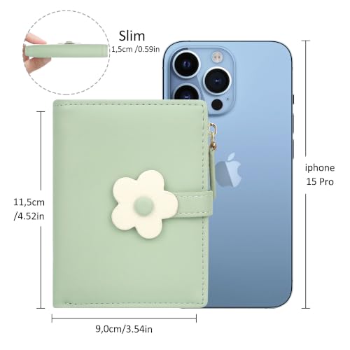 Image of Small Womens Wallet, Cute Bifold RFID Blocking Vegan Wallet for Teen Girls Ladies with Zipper Coin Pocket (Green,Flower)
