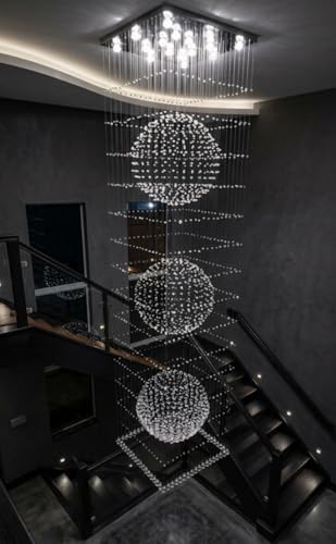 Image of Sanleen Modern Contemporary Crystal Glass Double Height Chandelier Ceiling Lighting Lamp (Design 4) | 2 Ft Width x 8 Ft Height Luxury Staircase Chandelier for Duplex, Foyer, Lobby & Villa Decor