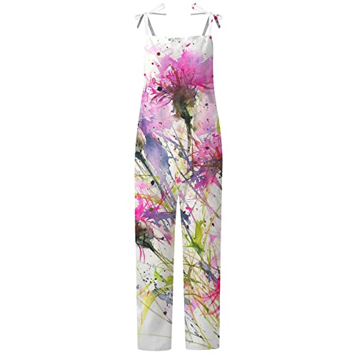 Hanaturu Mono elegante casual de una pieza para mujer, estampado floral bohemio, de pierna ancha, 07-Hot Pink, XXL