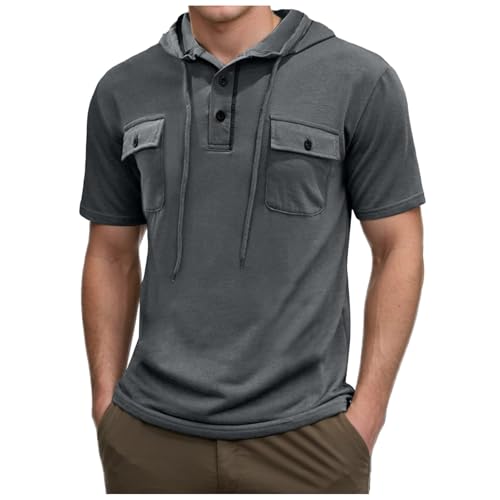 Mens Short Sleeve Hooded T Shirts Casual Drawstring Pullover Hoodies Fashion Lightweight Button Shirts with Pockets