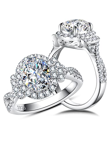 CannyCat Oval cut Moissanite Halo Engagement Ring for Women 2.65 cttw D color VVS Moissanite Twisting Anniversary Bridal Cathedral Rings Platinum-Plated Silver Infinity Vine Wedding Eternity Band