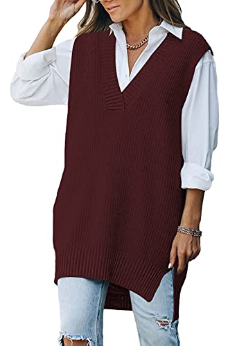 Kisscynest Women's Oversized V Neck Knitted Sweater Vest Casual Tunic Sleeveless Pullover Top