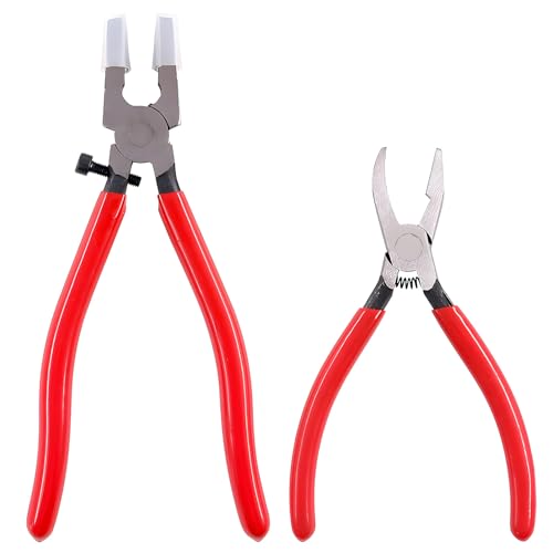 2 Pcs Glass Running Pliers and Breaker Grozer Pliers Set with Rubber Tips for Stained Glass Mosaics Heavy Duty Glass Cutting and Crafting Projects Professional Glass Cutting Tools