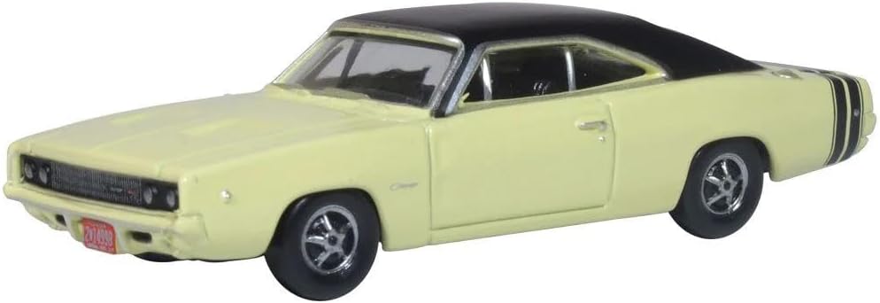 1968 Charger Light Yellow with Black Top and Black Stripes 1/87 (HO) Scale Diecast Model Car 87DC68004