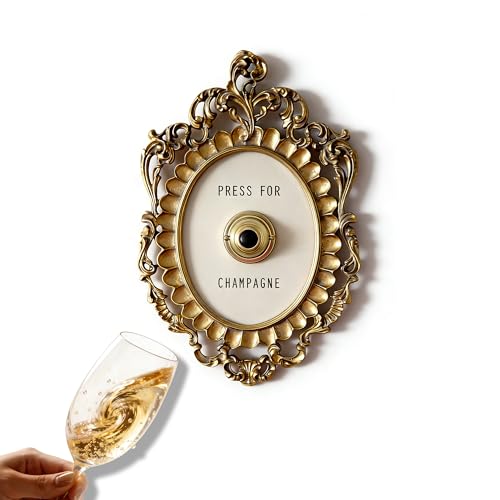 Vintage Wall Decor - Press for Champagne Button Metal Framed Gold & White Wall Plaque with Sound Ladies Champagne Themed Gift Christmas Party Home Bedroom Hotel Glam Decor