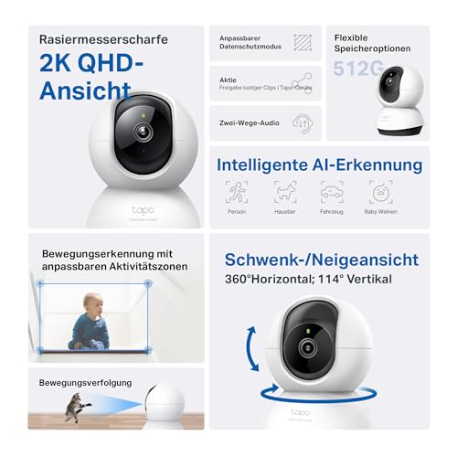 Tapo TP-Link C220 360°-WLAN-Überwachungskamera für den Innenbereich, 2K 4MP, IR Nachtsicht, Bewegungserkennung, Zwei-Wege-Audio, kompatibel mit Alexa und Google Assistant, für Babys/Haustiere 2