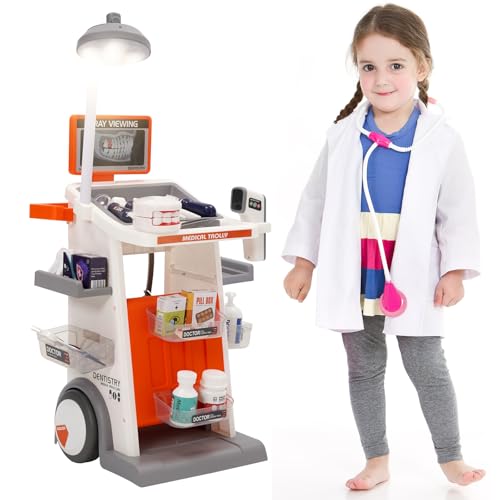 Siairo Carrito Médico Juguete, 26PCS Juguetes de Medicos Accesorios con Luces y Sonido, Termómetros, Estetoscopios, Juego de Dentista, Juego de Roles del Doctor