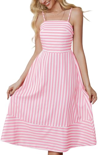 Image of Striped Sleeveless Midi Summer Dress for Women Spaghetti Strap Backless Smocked Swing Beach Dresses Rose Red