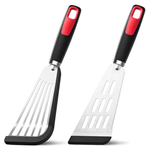 Fish Spatula Turner Set of 2, 600ºF Heat Resistant Silicone Spatulas for Nonstick Cookware, Metal Slotted Spatula with Silicone Edge for Fish, Egg, Pancake, Dishwasher Safe
