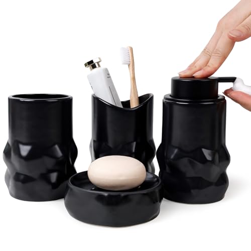 Image of BosilunLife Modern Ceramic Bathroom Accessories Set, Bathroom Counter Set Matte Black Bathroom Decor Sets Accessories Bathroom Foam Soap Dispenser, Toothbrush Holder Set, Soap Dish, Apothecary Jars