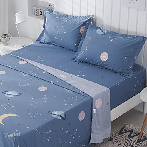 Fadfay Planet Star Constellation Sheets 100% Cotton Universe Space Bed Sheet Set King Meteor Moon Printed Sheet Set Boy Girls Kids Teen Navy Deep Pocket Fitted Sheet 4 Piece #TOP1