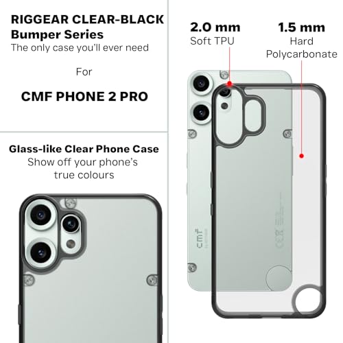 Image of RIGGEAR Shockproof Clear Hybrid Armor Back Cover Case for CMF by Nothing Phone 2 Pro /CMF Phone 2 Pro 5G (Clear-Black Bumper and Transparent PC)