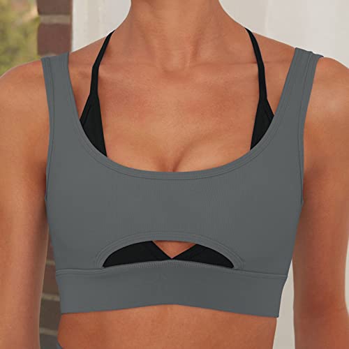 Lu's Chic Women's Crop Tops With Built-In Bra Tank Top Sports Fitness Active Shirts Yoga Hollow Out Slimming Sleeveless Padded Crew Neck Grey Small #TOP5