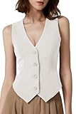 QINSEN Vest for Women V Neck Sleeveless Fully Lined Button Front Fashion Casual Waistcoat White L