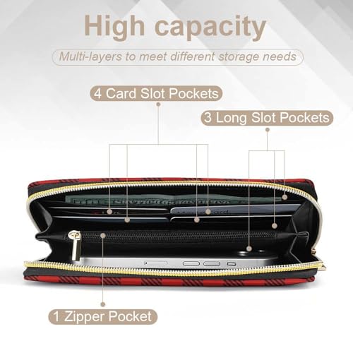 Men's Fashion Decor Wallet, Long PU Zipper Wallet, Travel Purse Fashion Design, Huge Storage Capacity Purse Compatible with Red Black Buffalo Check Plaid Pattern4