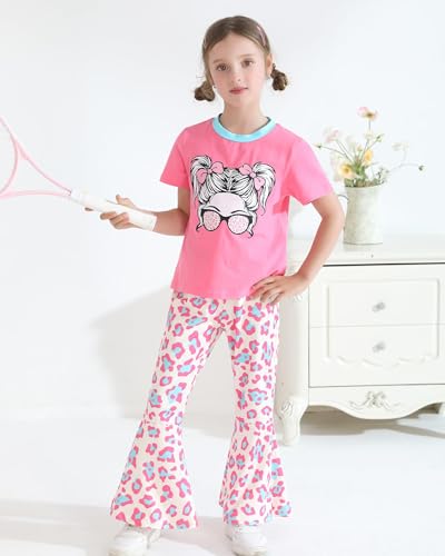 Image of CARETOO Girls Summer Outfit Poster Girl Matching Sister 2pcs Sets Printed t-Shirt + Flare Leg Pants For 3-10 Years