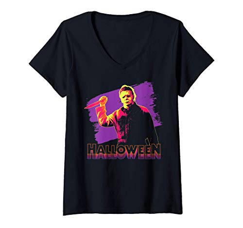 Mujer Halloween Michael Myers Neon Portrait Camiseta Cuello V