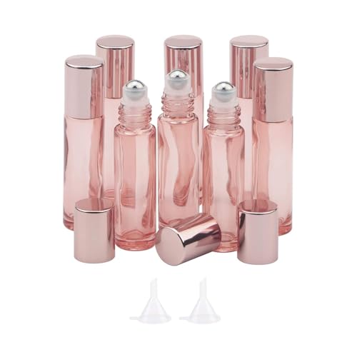 8 Pack 10mL(1/3 oz) Glass Roller Bottles for Essential Oils & Perfume, Rose Gold Roll On Vials with 2 Funnels, Travel Refillable Leak Proof Rollerball Applicator, DIY Craft Pretty Containers