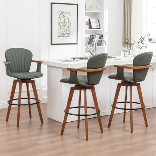 Image of LUNLING 30 inch Bar Height Stools Set of 3.Mid Century Modern Bar Stools,Green PU Leather Kitchen Island Stools,Wood High Barstools Swivel with Back and Arms for Home Bar Furniture