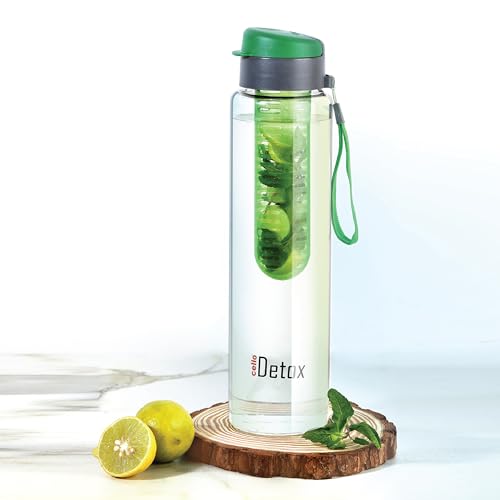 Cello Fruit Infuser Glass Water Bottle 750ml, Green | Wide Sealed Flip-Top Cap, Leak-Proof, Durable...