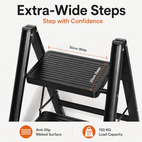 Image of Equal 3 Step Advance Foldable Step Ladder for Home | Carbon Steel | Wide Anti-Slip Steps | 150 Kg Capacity | 3 Year Warranty | Grey