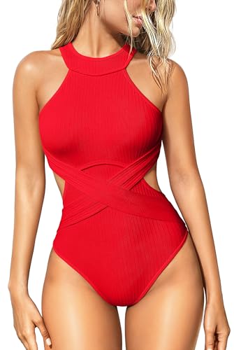 Image of OQQ Women's One Piece Swimsuits Tummy Control High Waisted Cross Bathing Suit Wrap Tie Back 1 Piece Swimwear