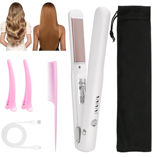 GOZINA Cordless Hair Straighteners, Mini Travel Portable Hair Straightener and Curler, Small USB Rechargeable Thin Hair Straighteners with 4 Temp Adjustable Present for Women (White)