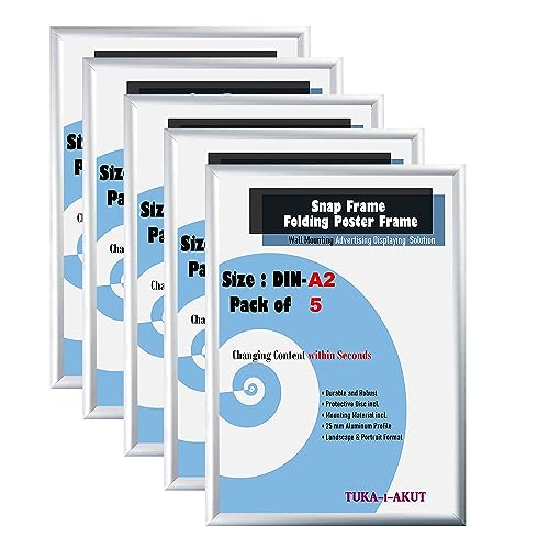 TUKA-i-AKUT 5X A2 Cornice a Scatto in Alluminio Profilo 25 mm, Pieghevoli Cornice a Clip per Poster Foto Display Pubblicitari, Pannello Protezione, Materiale Fissaggio, Color Argento TKD8420-A2-5X