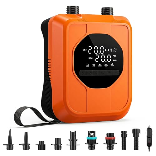12V Car-Powered Paddle Board Pump Electric SUP Pump with Auto-Off Dual-Stage Fast Inflation to 20 PSI Inflate/Deflate Air Pump with 7 Nozzles for Paddle Boards Kayaks & Inflatables