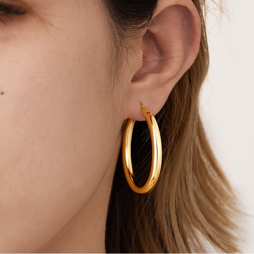 5 MM Wide Thick Chunky Gold Hoop Earrings for Women Trendy, Hypoallergenic Large Big Hoops with Sterling Silver Posts, Lightweight Hollow Tube Real Gold Hoop Jewelry 30/40/50/60/70 MM2