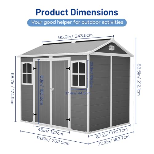 Image of YOPTO 8x6 FT Plastic Shed,Outdoor Storage Shed W / 2 Windows & Floor,Resin Garden Tool House W /Lockable Door,Integrated Drainage Holes & Air Vents,for Backyard,Patio,Lawn,Gray-White