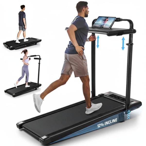 Image of Walking Pad Treadmill Adjustable Height, Under Desk Treadmills with Handle Bar and Incline, 300lbs Capacity Foldable Treadmill with Removable Desk Workstation, Installation-Free(Classic Black)