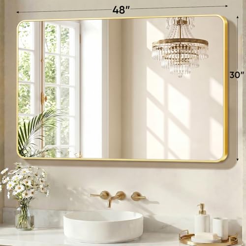 Image of Sweetcrispy Bathroom Mirror for Over Sink, 30x48 Inch Wall Mount Mirror with a Rounded Rectangle and Matte Metal Frame, Modern Wall Vanity Mirrors for Home Decor, Living Room, Bedroom, Gold