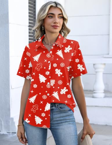 Image of Womens Christmas Tops Button Down Shirts Short Sleeve Oversized Blouses