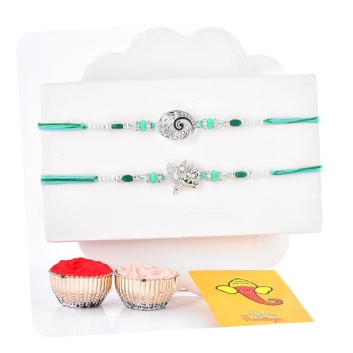 Image of CraftVatika Silver Plated Rakhi Set of 2 for Brother Boy Men, Designer Ganesha Radhe Krishna Rakhi for Brother, Premium Thread for Rakshabandhan Festival with Best Wishes Card and Tillak Set for Him