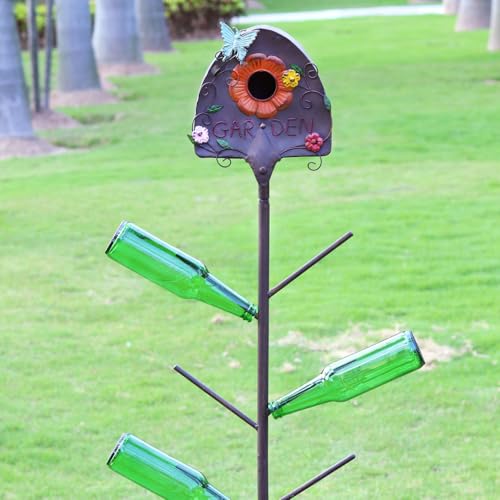 Image of Metal Bird House and Wine Bottle Tree,Bottle Trees for the Garden Outside